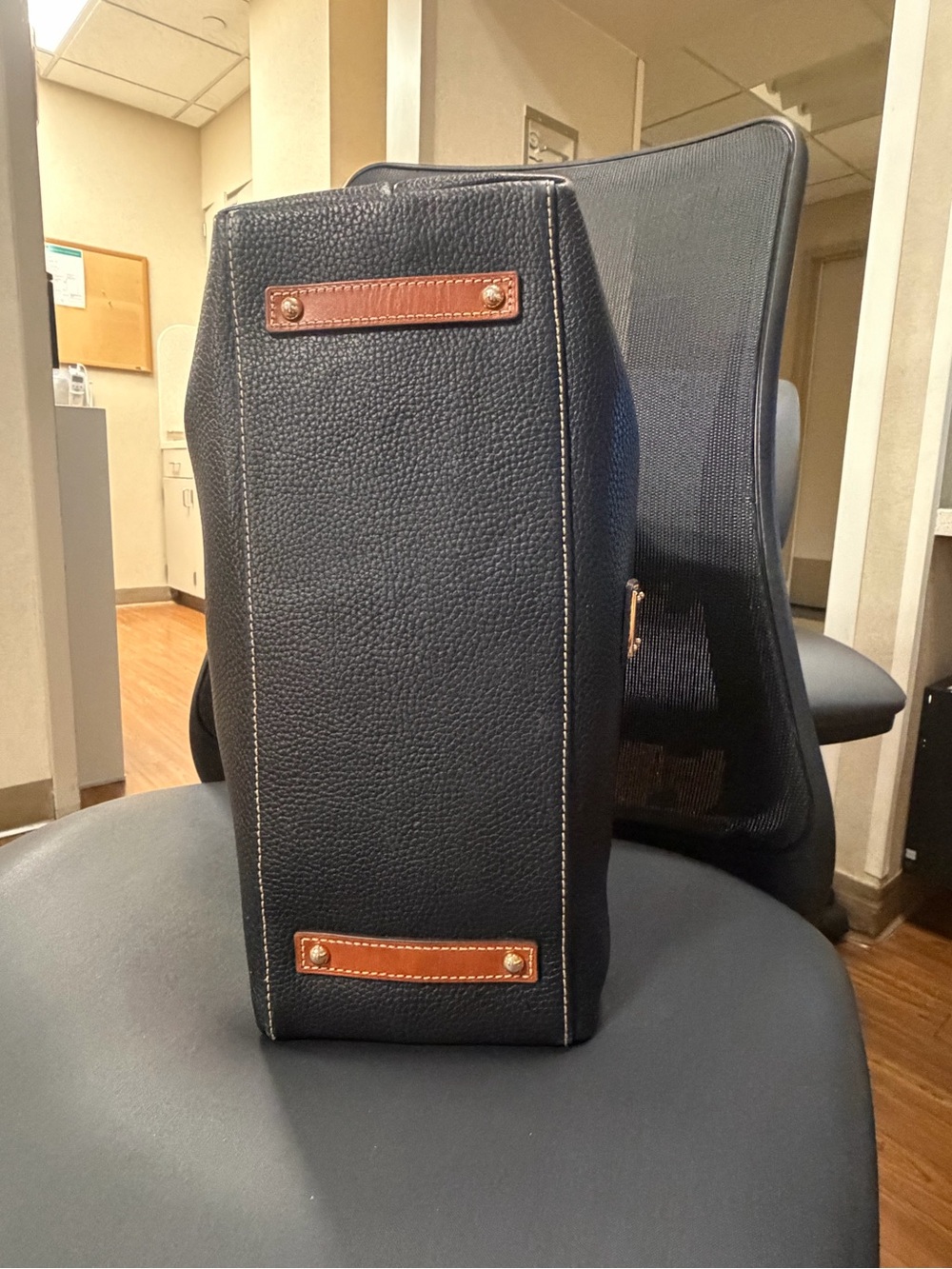Dooney & Bourke Black Pebbled Leather Duffel with Brown Trim - Picture 4 of 5